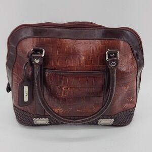 M.C. - Marc Chantal Croc Embossed Leather Satchel Bag Brown Structured Handbag